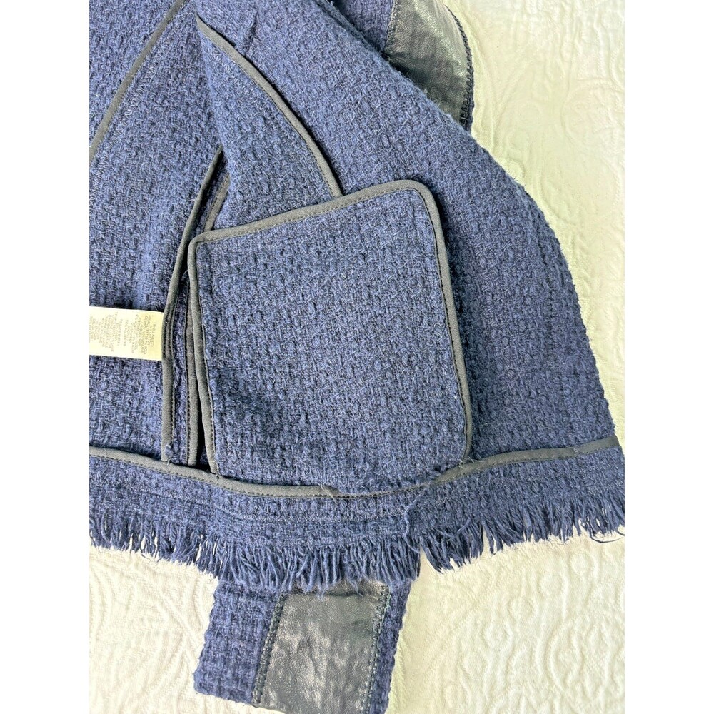 REBECCA TAYLOR Boucle Fringe Blazer SIZE 4 Navy Blue Black Leather Trim Coat EUC - Picture 13 of 16